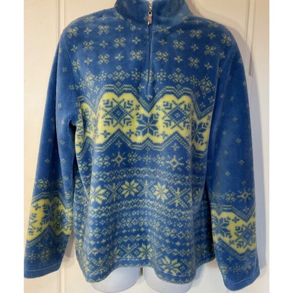 Talbots Blue &Yellow Snowflake Fair Isle 1/4 Zip Fleece Sweater Petite M - Picture 2 of 7